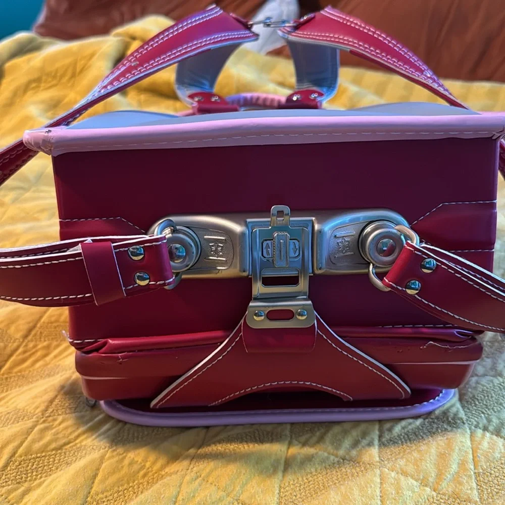 Red Japanese School Bag with pink trim and reflective stripes. - Picture 5 of 13